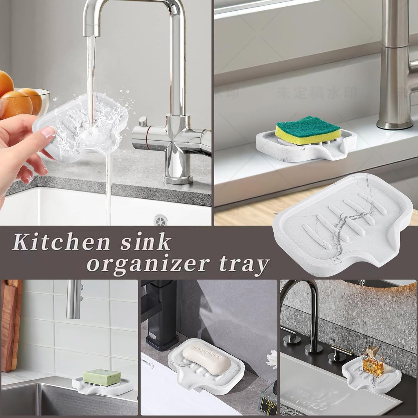 Self Draining Soap Dish- Bar Soap Holder for Shower, Marble Design Large Soap Savers Soap Tray Sponge Holder for Kitchen Bathroom Bathtub Sink, White