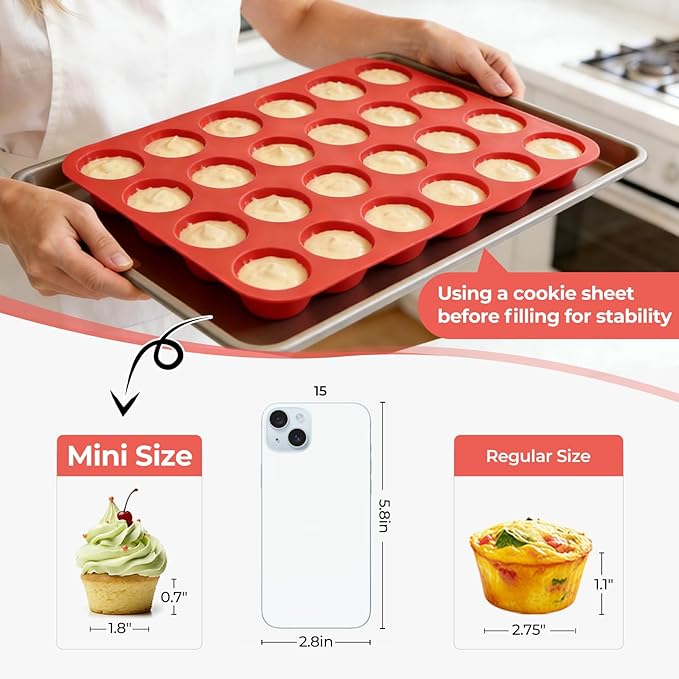 CAKETIME Silicone Mini Muffin Pan, 24 Cups Mini Cupcake Pans Silicone Muffin Tin for Baking Nonstick 2 Pack