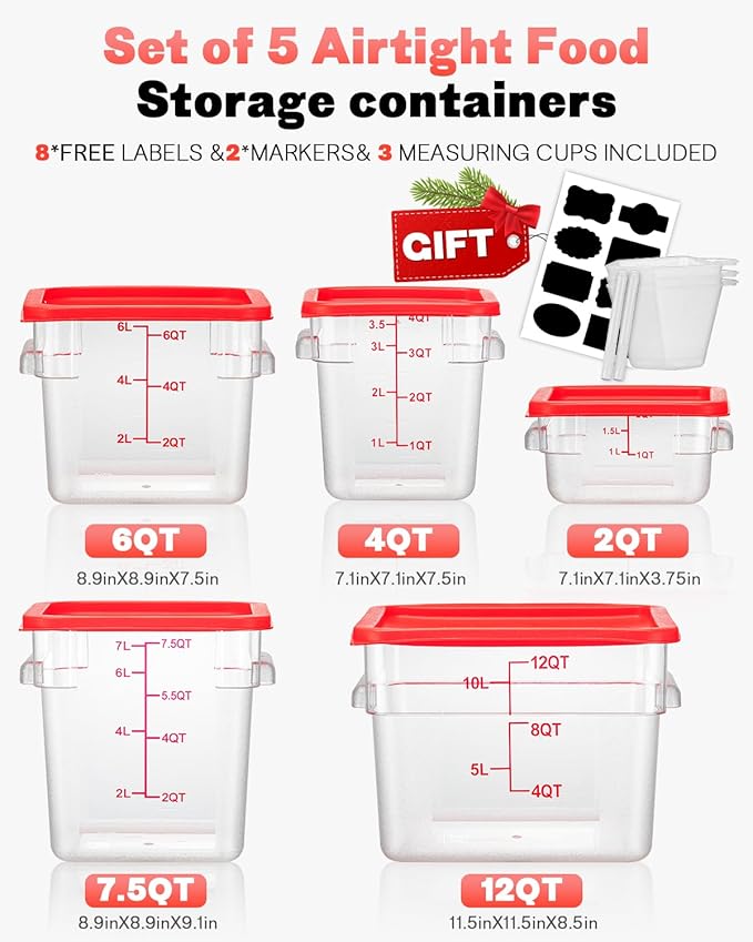 8QT NSF Food Storage Containers: 6PCS[Food Grade][Hot&Cold Resistant] Clear Food Storage Containers with Scales Handles for Home Restaurant Kitchen Storage Pizza Proof Dough, BPA Free (N3)