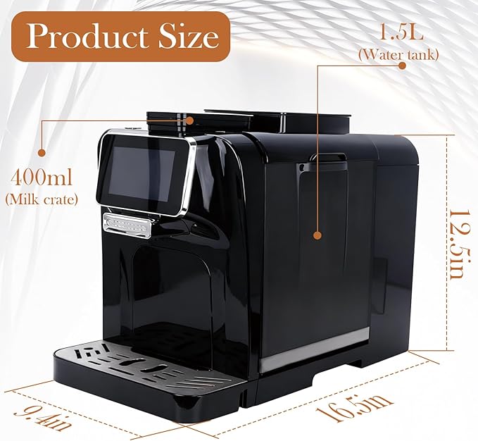 Fully Automatic Espresso Coffee Machine with Milk Cooler 4.3" Touchscreen Dual Heating 11 One Touch Beverages Adjustable Grinder & Milk Frother WiFi Smart Control