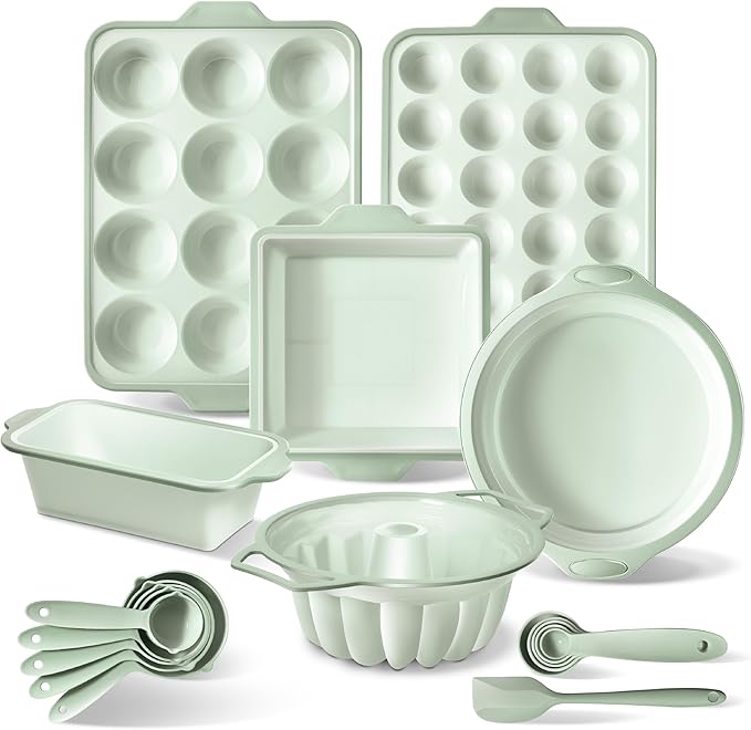 COOK WITH COLOR 17 Pc. Silicone Baking Pan Set - Non-Stick & Easy Clean Silicone Muffin Pans for Baking with Sturdy Metal Frame for Stability, Flexible Cake Molds, Includes Measuring Cups and Spoons
