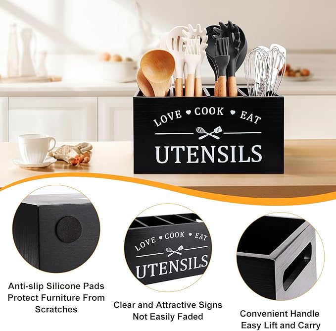 Black Farmhouse Utensil Holder for Kitchen Counter Extra Large Cooking Utensil Holder Caddy Utensils Storage Organizer for Countertop Rustic Wood Kitchen Tool Decor Utensil Crock Spatula Holder