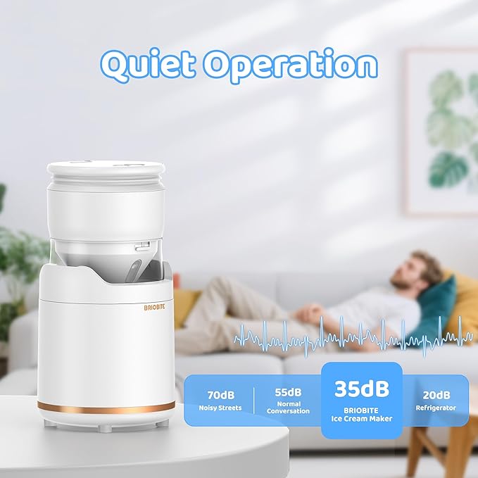BRIOBITE Ice Cream Maker,Rechargeable Soft Ice Cream Machine with Low Noise,Compact for 1-2 Servings,Perfect for Sorbet,Gelato,Frozen Yogurt,White