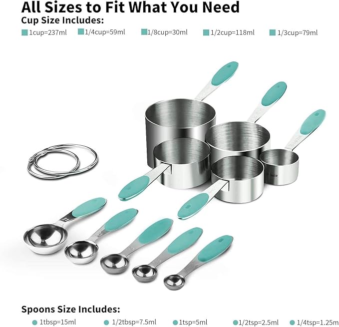 U-Taste 10 Piece Measuring Cups and Spoons Set in 18/8 Stainless Steel, and 600ºF Heat Resistant 13 inch Large Non-Stick Silicone Soup Ladle (Aqua Sky)