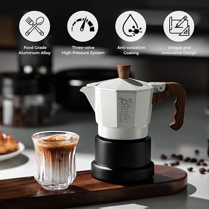 Bincoo Three Valve Espresso Maker Stovetop,Camping Moka Pot 2 Cup/120ML,Stove Top Espresso Italian Coffee Maker