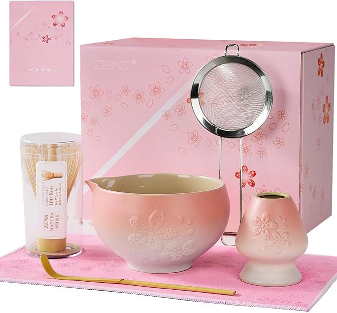ZENS Matcha Whisk Set, Pink Ceramic Matcha Bowl with Embossed Sakura, 6pcs Matcha Tea Kit Includes Bamboo Whisk, (Chasen Holder) Scoop & Sifter, Tea Towel for Matcha Ceremony, Pink