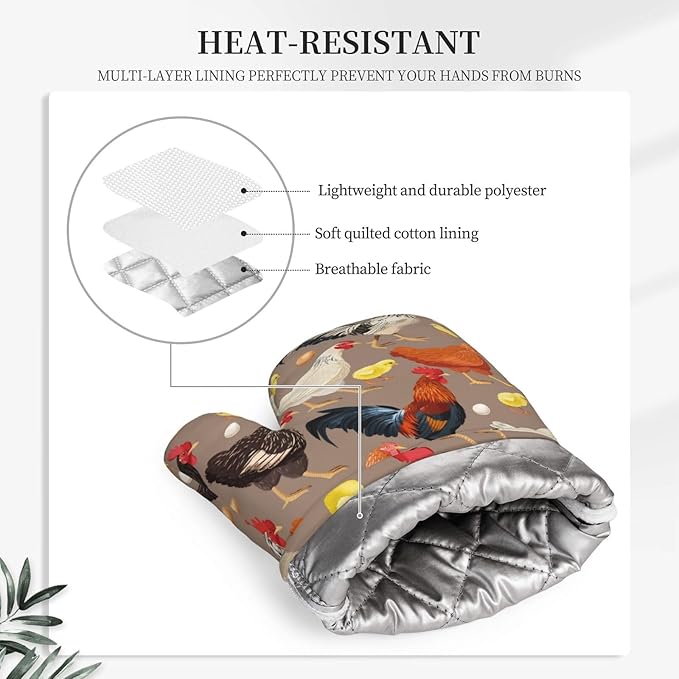 Fun Hen Chicken Rooster Oven Mitts and Pot Holders Set of 4 Silicone Heat Resistant Oven Mitten Potholders Non Slip Gloves Kitchen Decor for BBQ Cooking Grilling Baking