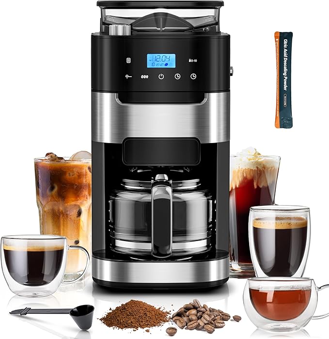 Kismile 10-Cup Digital Drip Coffee Maker with Built-In Grinder, Programmable, 12H Timer, Keep-Warm Function, Customizable Strength & Grind Size, Coffee Machines with Smart LED Touchscreen