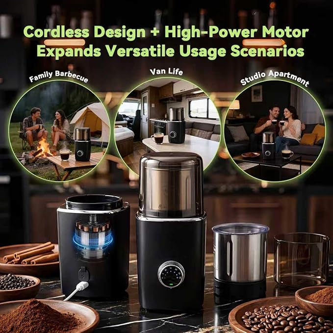 Electric Coffee Grinder for Coffee Beans, Spices and Herbs, Adjustable Grind Fineness, 1.8 oz Capacity, Hands-Free Operation, Leak-Proof Design, Odor-Free, Detachable and Easy to Clean, Black