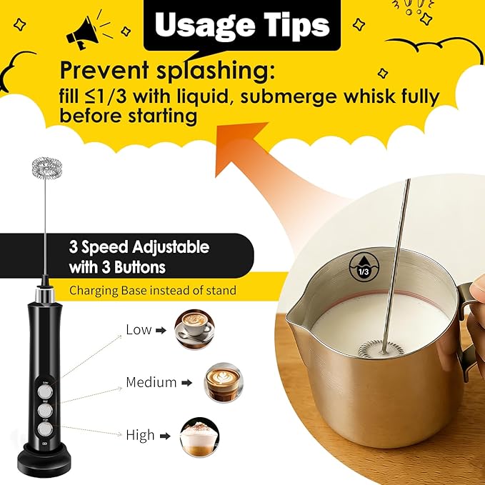 Rechargeable Milk Frother Handheld with 3 Detachable Stainless Steel Whisks, 3 Speed Adjustable Electric Whisk Foam Maker, Handheld Drink Mixer, Frother Wand for Coffee, with Storage and Charging Base