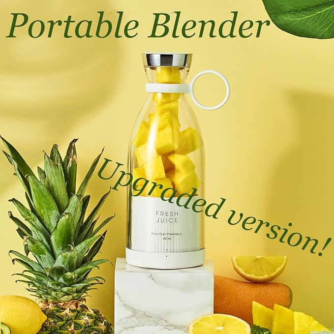 Upgraded Fresh Juice Blender Bottle Portable, Juicer Portable Blender Shake, 380ML USB/Magnetic Charging for Shakes and Smoothies, with Travel Cup and Lid (White,USB charging)