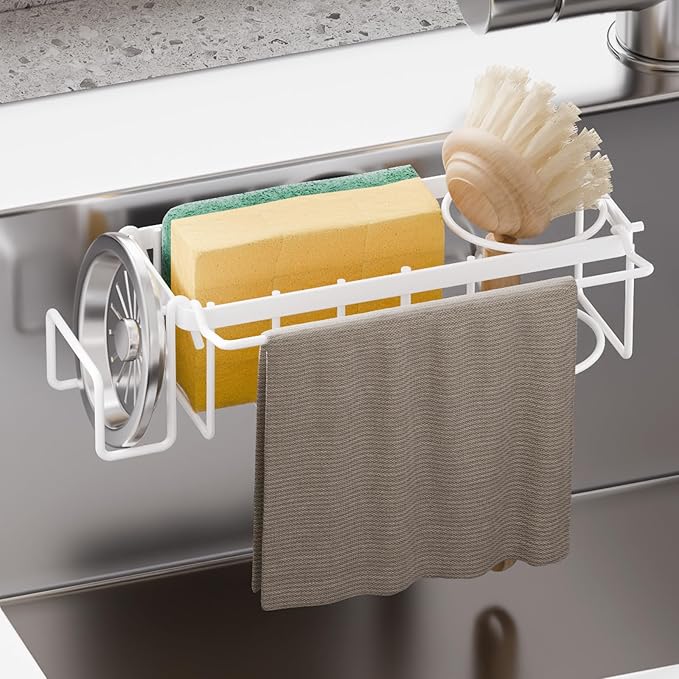 TAILI Sponge Holder with Strong Suction Cup, 4-in-1 Rustproof Sink Organizer - Sink Caddy Holds Sponges, Brushes, Stoppers & Scrapers -White