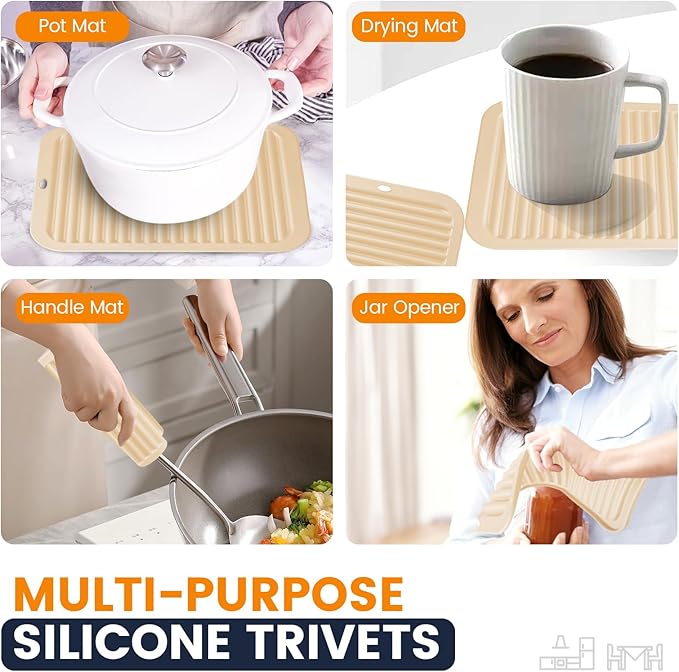 Silicone Trivet Mats 2 Heat Resistant Pot Holders Multipurpose Non-Slip Hot Pads for Kitchen Potholders, Drying mat, Jar Opener, Spoon Holder, Coaster.(Crescent Moon)