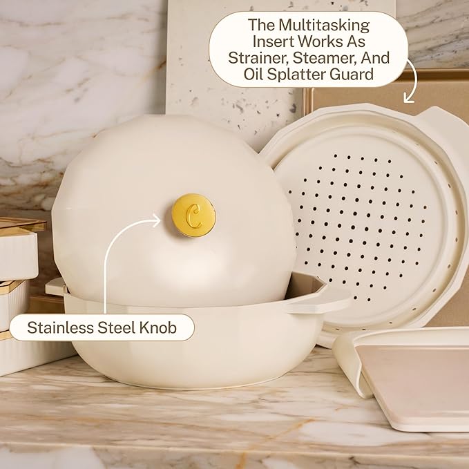 Cravings by Chrissy Teigen The Perfect Pan 5.3 Qt Dutch Oven Pot with Lid, Nonstick Lightweight Aluminum Everyday Pot with Steamer/Strainer Insert, Oven & Stovetop Safe (White)
