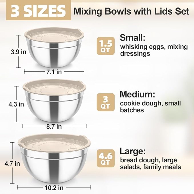 TeamFar Mixing Bowls, Stainless Steel Nesting Salad Bowls with Airtight Lids Set, For Serving/Mixing/Storing, Rust-proof & Heavy Duty, Dishwasher Safe, Set of 3-4.6/3 / 1.5 QT, Khaki