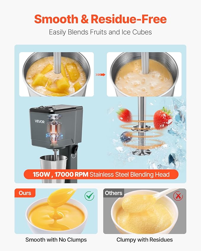VEVOR Milkshake Maker, 150W Single Head Milkshaking Machine, Height Ajustable, Dual-Speed Adjustment Drink Mixer Blender with 820ml Stainless Steel Cup, for Home, Kitchen, Bar & Beverage Shop