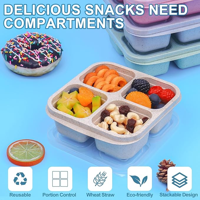 4 Pack Snack Containers, 4 Compartments Snack Box Container with Lids, Reusable Meal Prep Lunchable Container for Adults, Microwave Dishwasher Safe, Stackable Bento Snack Boxes for Work, Travel