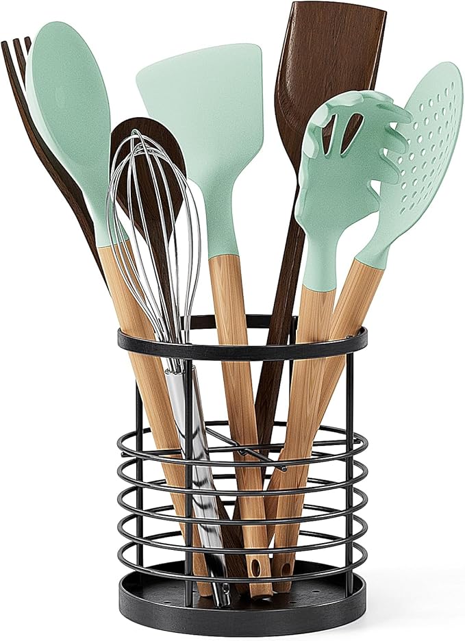 Utensil holder for Kitchen Counter - 5.2" x 5.2" x 6" Large Round Utensils Holder with Wooden Base Matte Black Cooking Utensil Holder，Kitchen countertop Utensil Organizer (Metal-1)