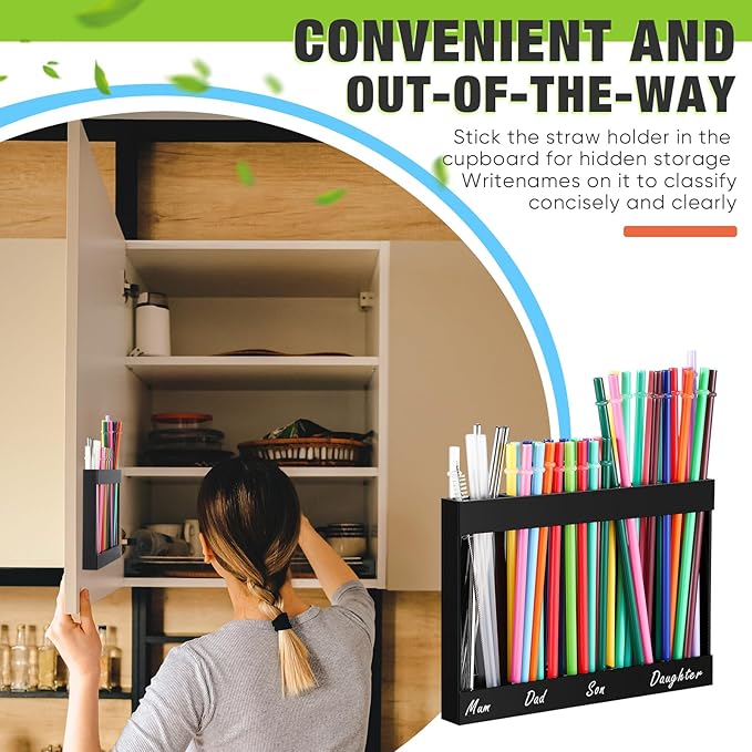 Qinyoung Acrylic Straw Holder for Cabinet Door with Double Sided Adhesive Tape Reusable Straw Organizer Tumbler Storage Kitchen Accessories Container for Counter Cupboard(Classic,Large,Black)