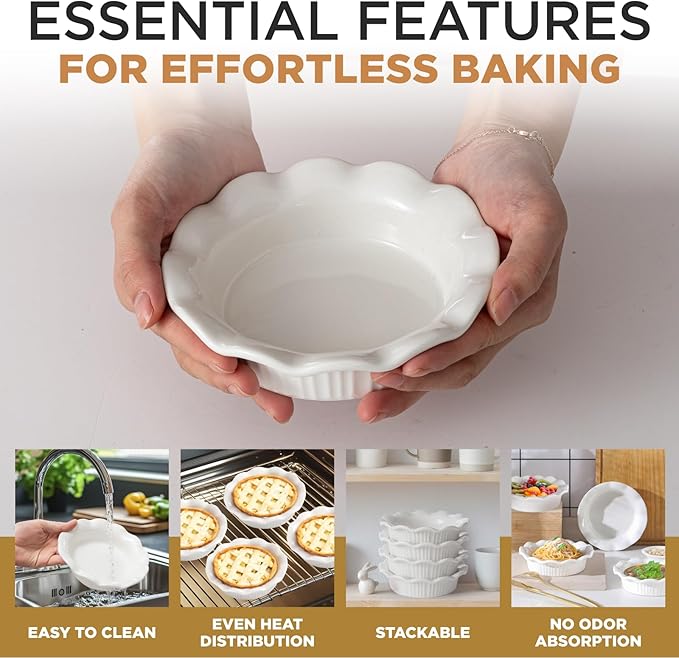 Aunt Shannon's Kitchen White Ceramic Mini Pie Pans - Set of 4 - Small 5.5 Inch Pie Pans with Classic Fluted Rims - Individual Pot Pie Pans for Pot Pies, Quiches, Puddings - Pot Pie Baking Dishes