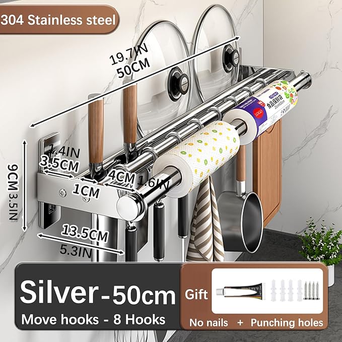 Hanging Wall Mount knife Wall Mount, Kitchen Organizer Storage Shelf for Utensils Spatula Spoon, Space-Saving Knife Rack with Hooks,Wall-Mounted Utensil Holder (Silver, 50CM+Three Poles+8Hooks)