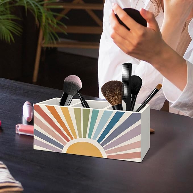 Boho Colorful Sun Sunshine Wooden Utensils Holder, Mid Century Modern Horizontal Sunset Sunrise Wood Cooking Utensil Holder Organizer for Kitchen Countertop Counter Decor Accessories