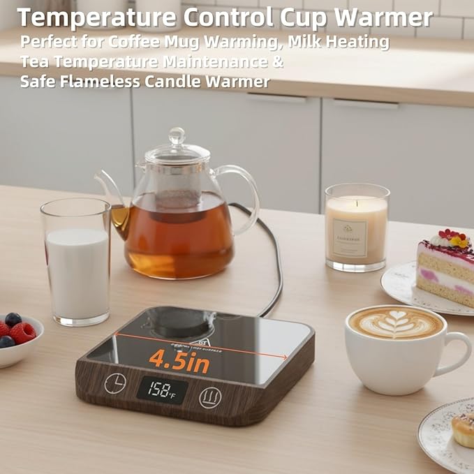Coffee Mug Warmer & Candle Warmer 46W Electric Cup Warmer for Desk - Smart Digital Display 6 Heat Settings Timer Auto Shut-Off Work from Home Office Gift (Wood)