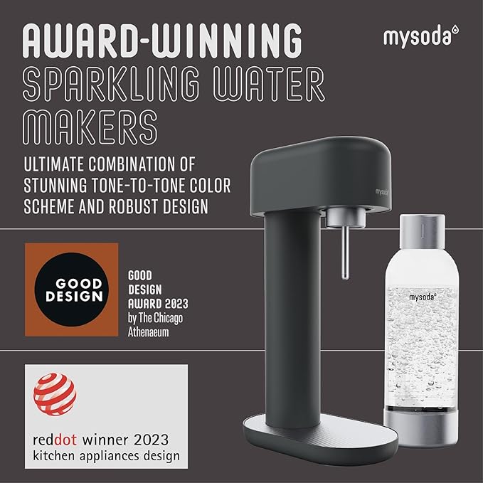 Mysoda Ruby 2 Soda Streaming Machine - Silent and Long-Lasting Aluminium Soda Maker with 1L Water Bottle - Without CO2 Cylinder - Black Silver