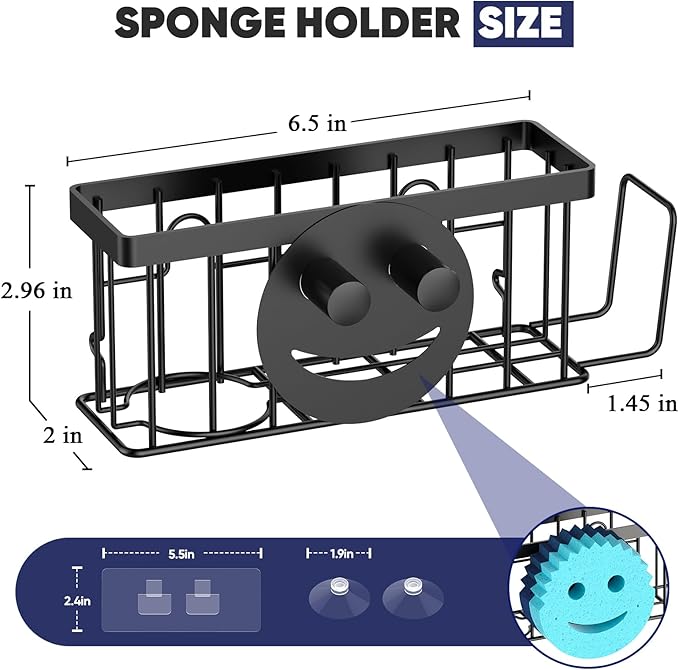 Sponge Holder for Kitchen Sink,Sink Caddy Smiley Face,4-in-1 Sponge Holder with Suction Cups & 1 PCS Adhesive Strips for Holding Soap,Brush,Scrubber,Sponge,Stopper-Black