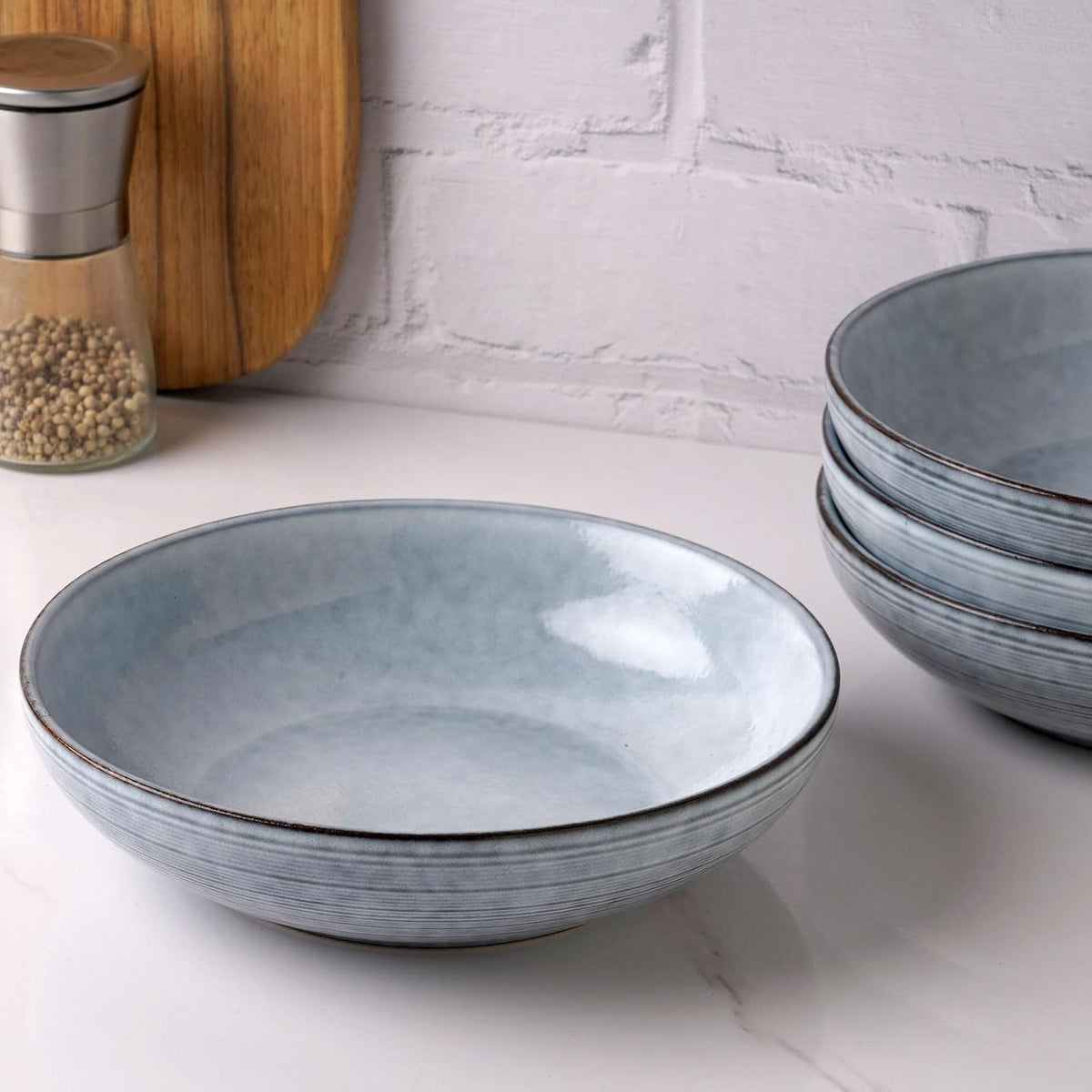 famiware Tempus Pasta Bowls Set of 4, 40 oz Bowls for Kitchen, Stoneware Deep Serving Bowls, Dishwasher & Microwave Safe Bowls for Cereal, Salad, Soup, Dessert etc - Pearl Blue