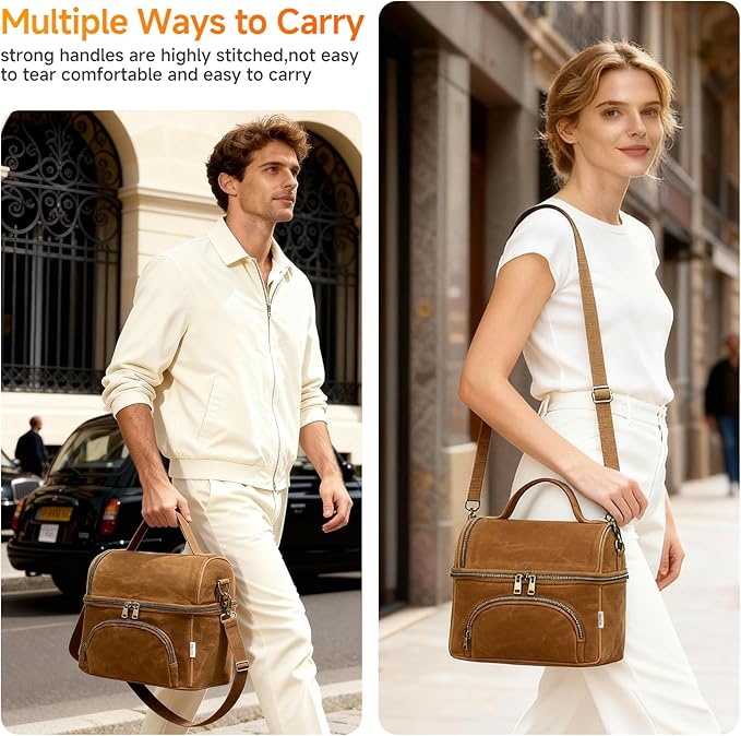 Lunch Box with Ice Packs, Waxed Canvas Lunch Bag for Men, 10.5L Leakproof Insulated Lunch Cooler for Men Work, Dual Compartment Soft Cooler for Work, Camping, Beach & Road Trips