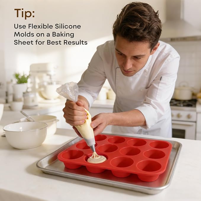 Silicone Muffin Pans for Baking Nonstick 2 Pcs, 12 Cup Regular Cupcake Pan, Food-Grade Silicone Baking Molds for Cupcakes, Egg Bites, Freezer, Red