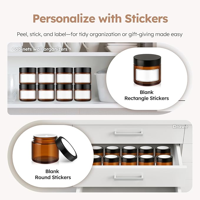 2 oz Glass Jars with Lids, 36 Pack Amber Small Glass Jars with Black Lids Leakproof Round Airtight Empty Cosmetic Travel Containers with Inner Liners For Lotions Powders and Candle Making