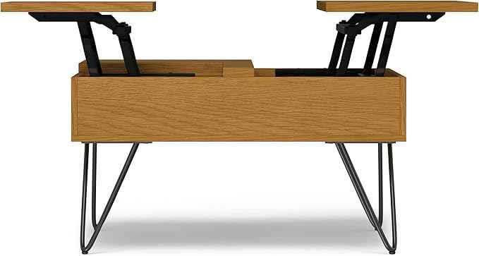 SIMPLIHOME Hunter Lift Top Coffee Table - 32 inch Wide Oak Veneer and Metal Industrial Square Lift Top Cocktail Table in Oak, Living Room Table with Dual Lift Tops, Hidden Storage and Hairpin Legs