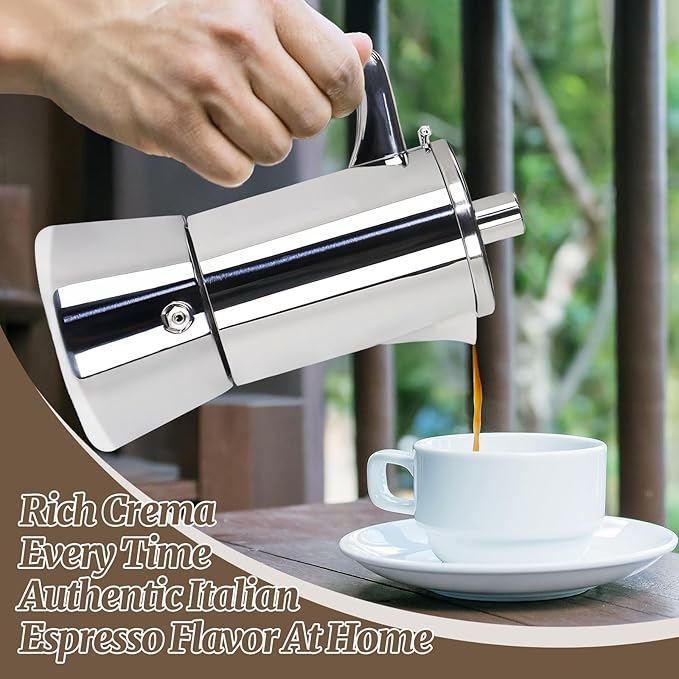 6 Cup Thickened Moka Pot 304 Stainless Steel 300ml Italian Espresso Coffee Maker Stovetop CoffeeMakers Mocha Pot Percolator for Induction Stove Classic Cafe Makers Portable for Easy Brewing