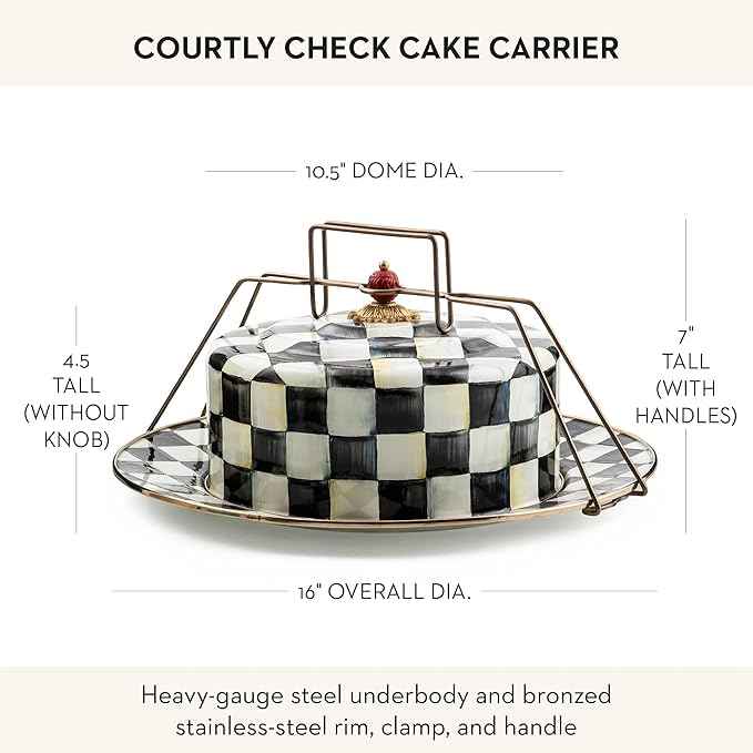 MACKENZIE-CHILDS Enamel Cake Carrier, Cake-Dish Serving Platter with Lid and Handles, Black-and-White Courtly Check