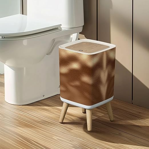 Small Trash Can with Lid Shiny goldden Brown foil Texture Glass for Prints Wastebasket with Press Cover Dog Proof Garbage Can Waste Bin for Kitchen Bathroom Nursery 2.6 Gallon
