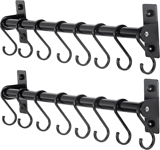 Dseap Kitchen Utensil Holder Hanger, Pot and Pan Rack Wall Mounted, Kitchen Rail with 8 Hooks for Hanging Cooking Utensils, Mugs, Spoons, Wall Mounted, Black, Pack of 2