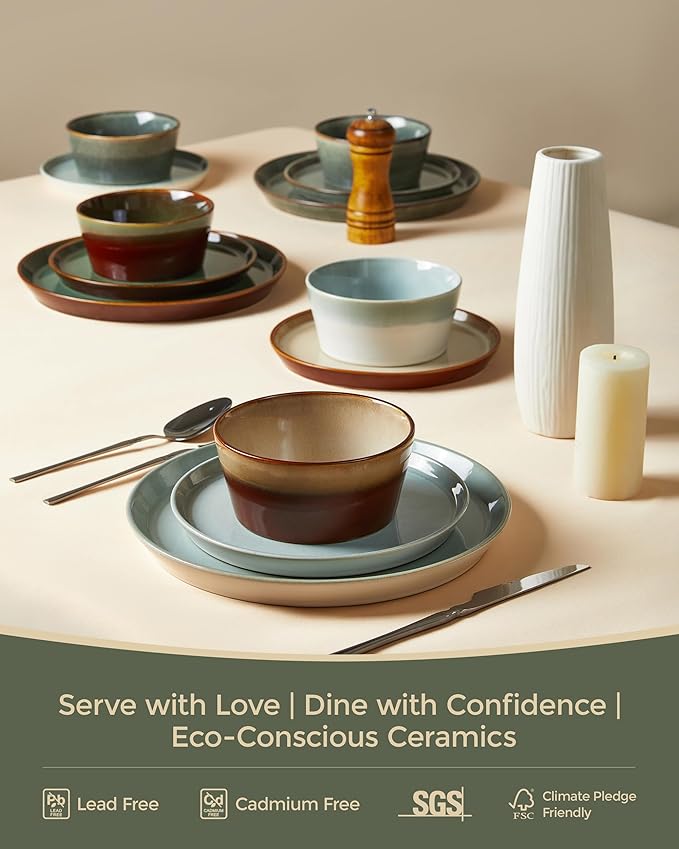 Pokini Dinnerware Sets, Microwave Safe Plates and Bowls Sets, Dishes Set for 8, Chip & Scratch Resistant Dinner Set, Handcrafted Farmhouse Dishware Sets, Green Wheat