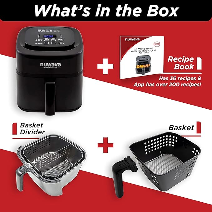 Nuwave 6-quart Brio Healthy Digital Air Fryer with One-Touch Digital Controls, 6 Preset Menu Functions & Removable Divider Insert (Renewed)
