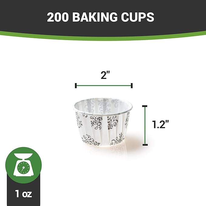 Restaurantware Panificio 1 Ounce Baking Cups 200 Pleated Cupcake Liners - Oven-Ready Freezable Black And White Paper Muffin Cases Disposable Vintage Floral For Wedding Parties Baby Showers