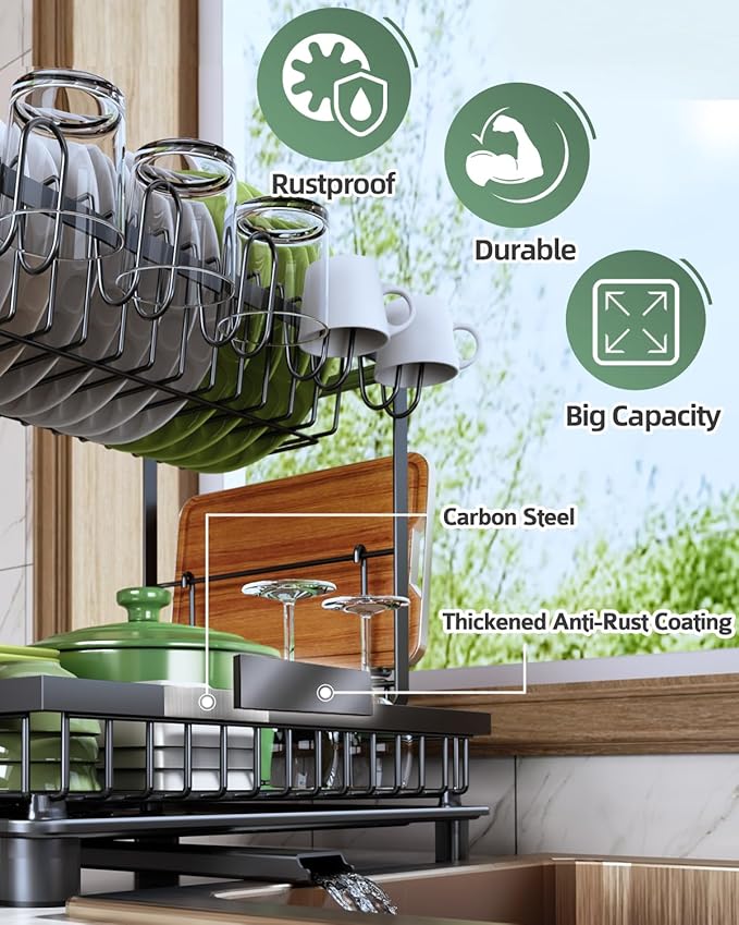Dish Drying Rack, 2 Tier Space-Saving Dish Rack, Multifunctional Dish Drainer for Kitchen Counter with Drainboard/Utensil/Cup Holder Rustproof Carbon Steel, Black