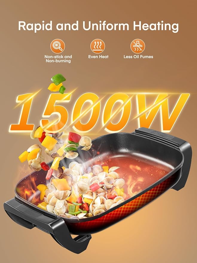 FOHERE 16-Inch Electric Skillet with Glass Cover, 1500W Rapid Heat, Adjustable Temperature, Multi-Purpose Electric Skillet Fried Chicken, Perfect For Family Gathering Cooking