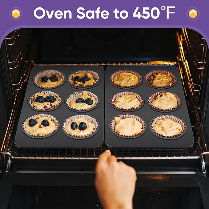 E-far Non-stick Muffin Pan Set of 2, 6-Cup Muffin Cupcake Pan Tin for Oven Baking, Easy Release & Clean, Regular Size - 11.44 x 7.12 x 1.25 Inch