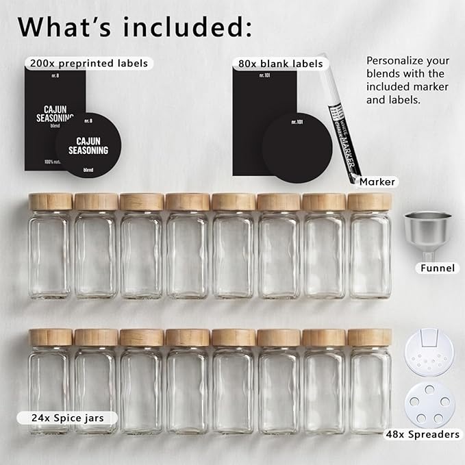 Deco haus Glass Spice Jars with Bamboo lids 24 x 4oz [LABELS incl] Spice Containers with 280 Labels, Funnel & Chalk Marker - Empty Herb Seasoning Containers, Small Seasoning Bottles for Herb