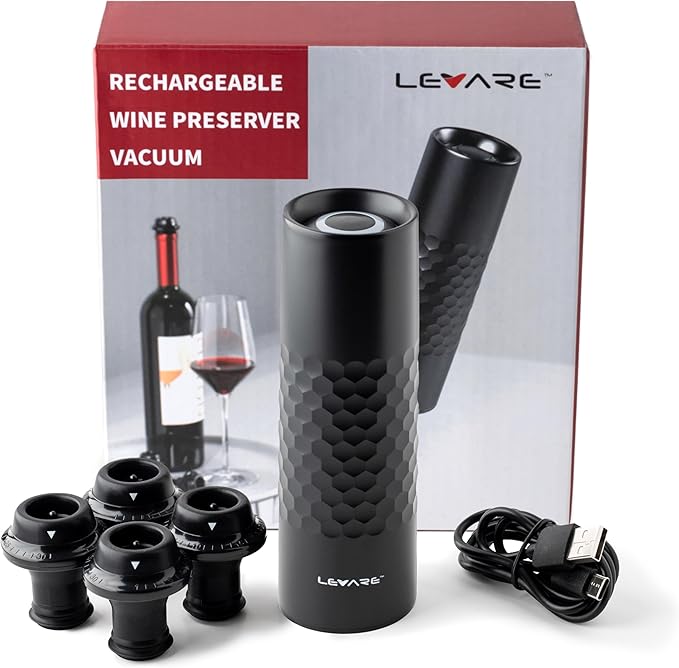 Levare – Electric Wine Set, Rechargeable Wine Saver Vacuum Pump with Stoppers and Automatic Bottle Opener with Foil Cutter, USB Charging Base, Ideal Gift for Holidays, Kitchen, Home, Wine Enthusiasts.