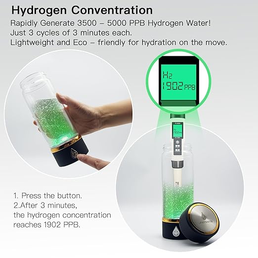 Hydrogen Water Bottle, 3Min Rapid High Content Alkaline Hydrogen Water, USB-C Rechargeable Hydrogen Water Machine, Portable 14OZ, SPE PEM Tech, Travel, Home, Office, Gift for Family & Friends (Black)