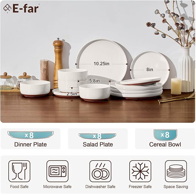 E-far 24-Piece Stoneware Dinnerware Sets, Plates and Bowls Sets for 8, Ceramic Dishware Dishes Set with Terracotta Base, Chip & Scratch Resistant, Microwave & Dishwasher Safe, Speckled White