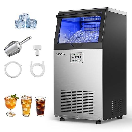 VEVOR Commercial Ice Maker Machine, 100 lbs/24h with 30 lbs Storage Capacity, Built-in/Freestanding/Under Counter, Stainless Steel Ice Maker with LED Display & Self-Cleaning, for Home Bar Restaurant
