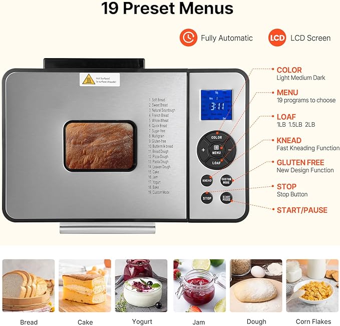Happybuy Bread Maker, Dough Machine(19-in-1 2LB), Nonstick Ceramic Pan Automatic Breadmaker with Gluten Free Setting, Whole Wheat Bread Making, Digital, Programmable, 3 Loaf Sizes, 3 Crust Colors